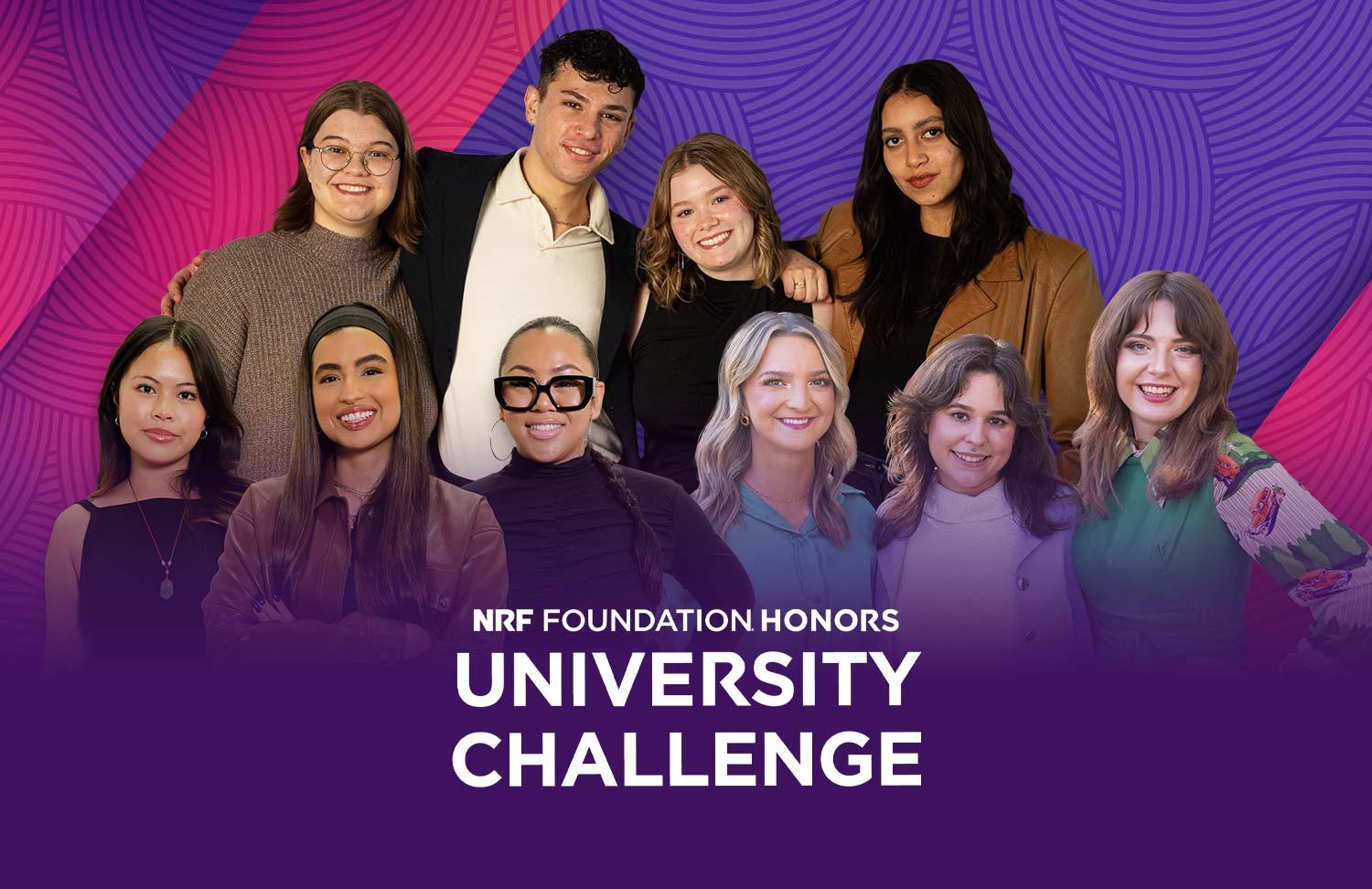 A diverse group of ten people smiling, standing against a colorful, patterned background with the text "NRF Foundation Honors University Challenge."